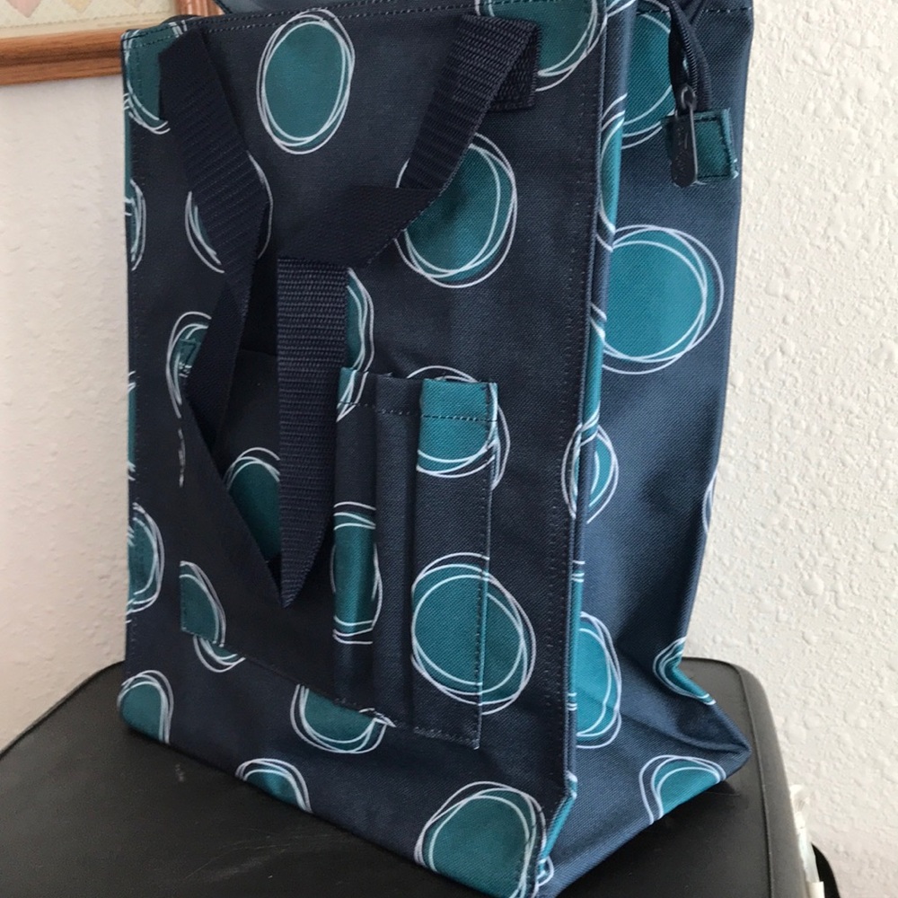 Navy Blue Tote Bag with Teal Circle Pattern by Thirty-one.